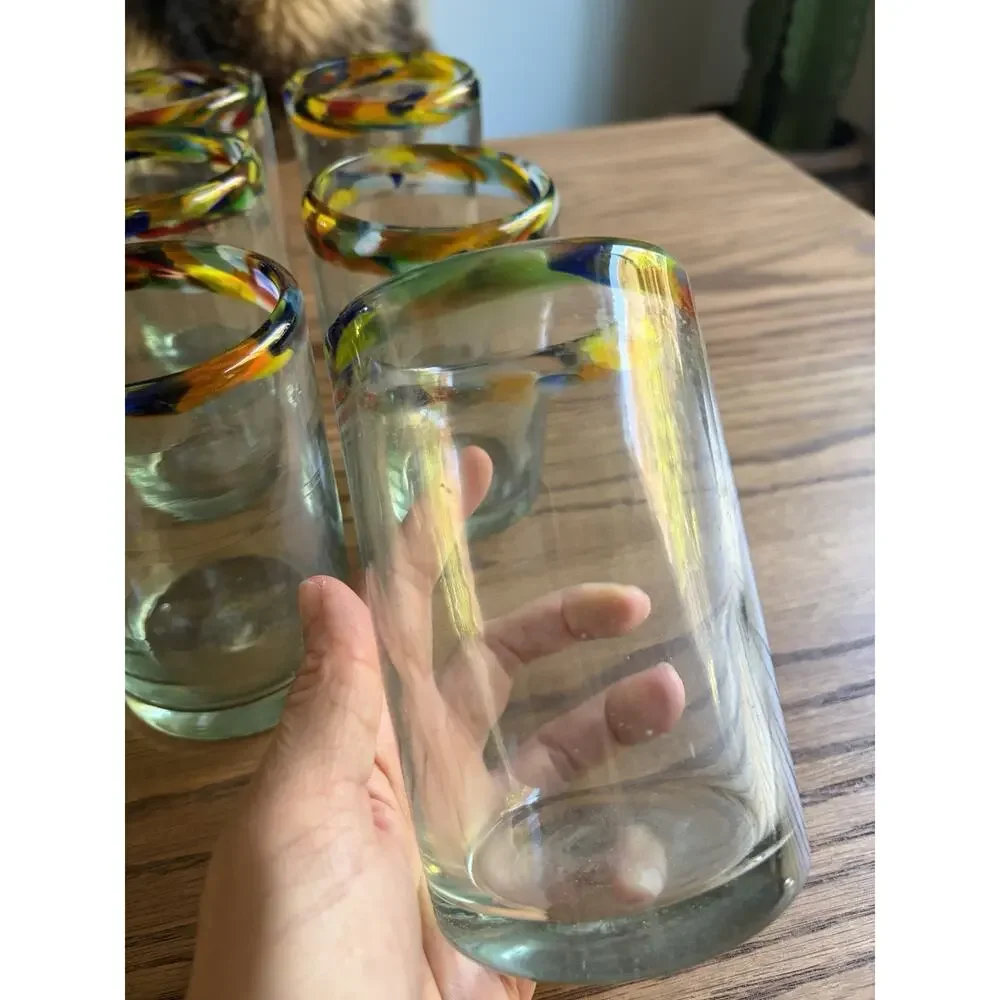 Vintage Mexican Hand Blown Carnival Rimmed Cocktail Glasses Set of 6 Thick Glass